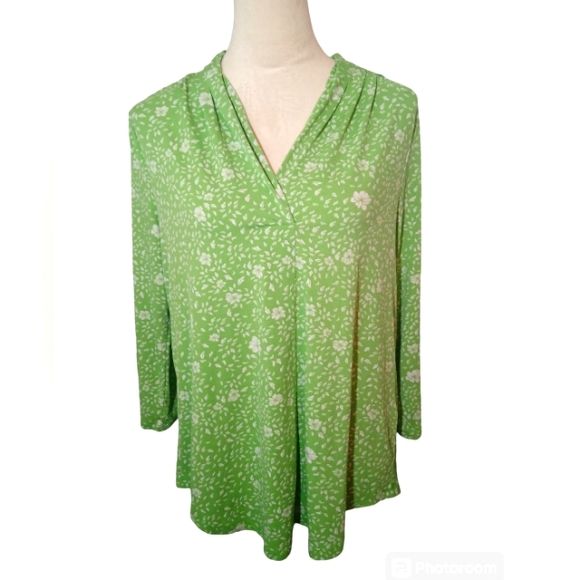 Charter Club Tops - Charter Club Lime Green White Floral Vneck Blouse Size M.